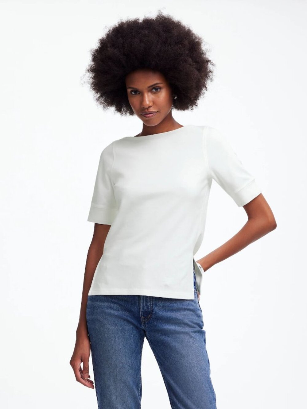 NEW MADEWELL Elbow Sleeve Boatneck Side Slit Tee Size S White